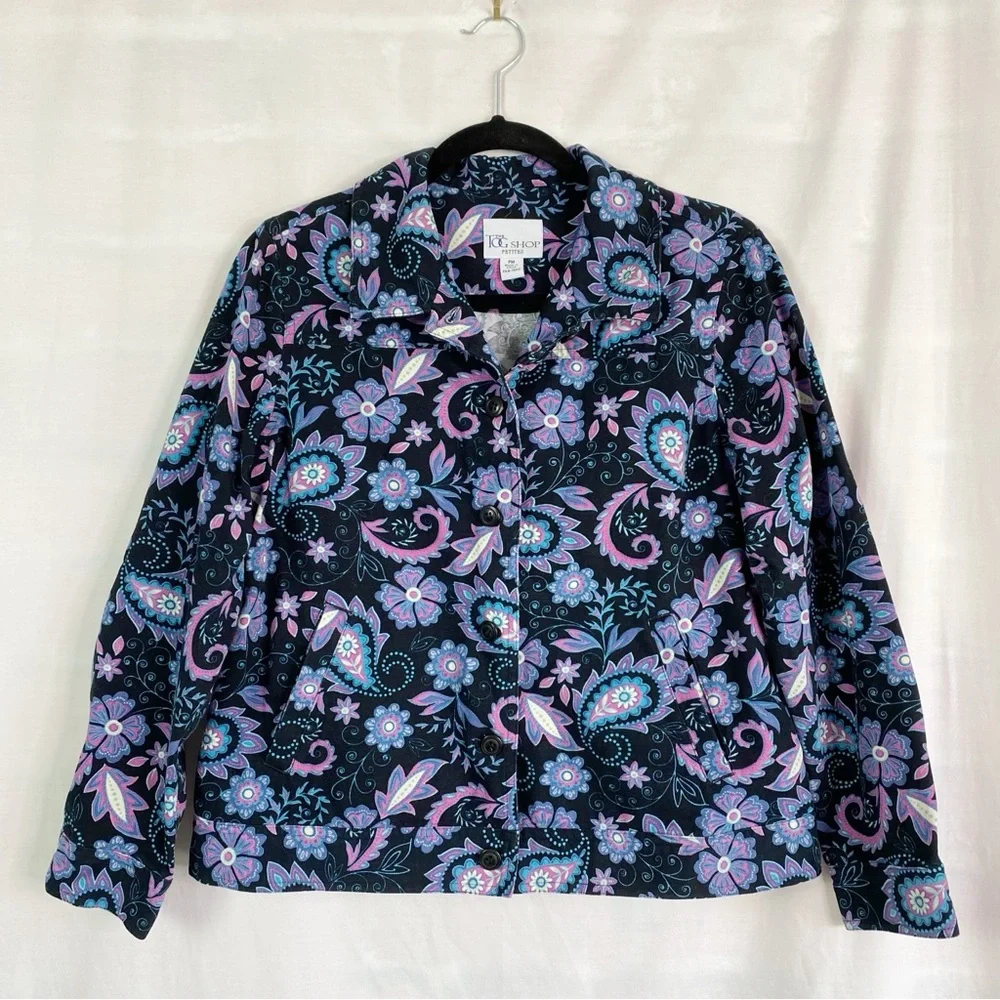 The Tog Shop Purple Black Paisley Floral Twill Jacket Petite Med